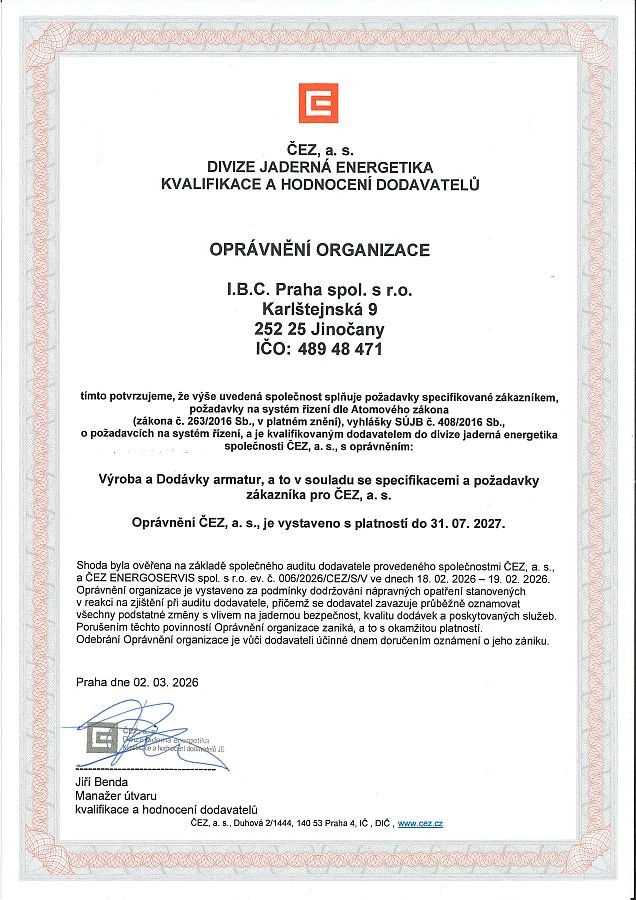 Oprávnění dodavatele pro jadernou energetiku ČEZ